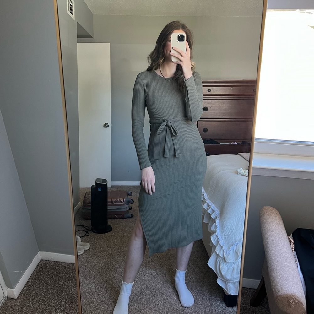 Topshop Green Fall Midi Dress with Slit